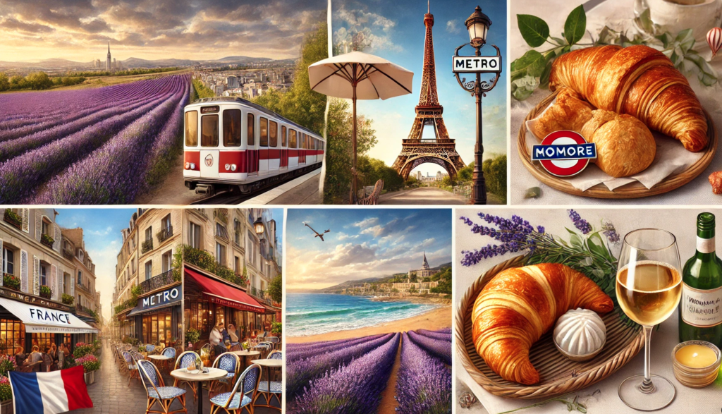 Vibrant collage of iconic French landmarks including the Eiffel Tower, croissant, French metro sign, French bistro, Bordeaux vineyard, Provence lavender fields, and French Riviera beach.